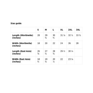 Pu&ograve; includere: Una tabella guida alle taglie bianca con misure in pollici per t-shirt. La tabella include le taglie dalla S alla 3XL, con misure di lunghezza e larghezza per le taglie in tutto il mondo e in Asia orientale.