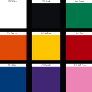 May include: A color chart with nine squares showing different colors, including white, black, green, orange, yellow, red, blue, purple, and pink. Each square has a color code and the name of the color.