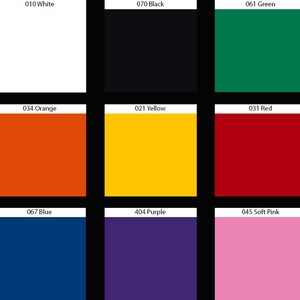 May include: A color chart with nine squares showing different colors. The colors are white, black, green, orange, yellow, red, blue, purple, and pink. Each square has a number and the name of the color written above it.