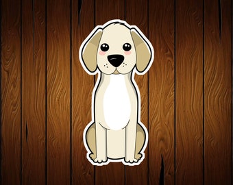 May include: A cartoon sticker of a sitting dog with a white body, tan ears, and a black nose. The dog has a white outline and is set against a wooden background. The dog's cheeks are pink, and it has big, black eyes.