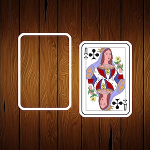 May include: A playing card featuring the Queen of Clubs, with a portrait of a queen holding a flower, set against a wooden background. The card has a white border and the suit symbol in the corners.