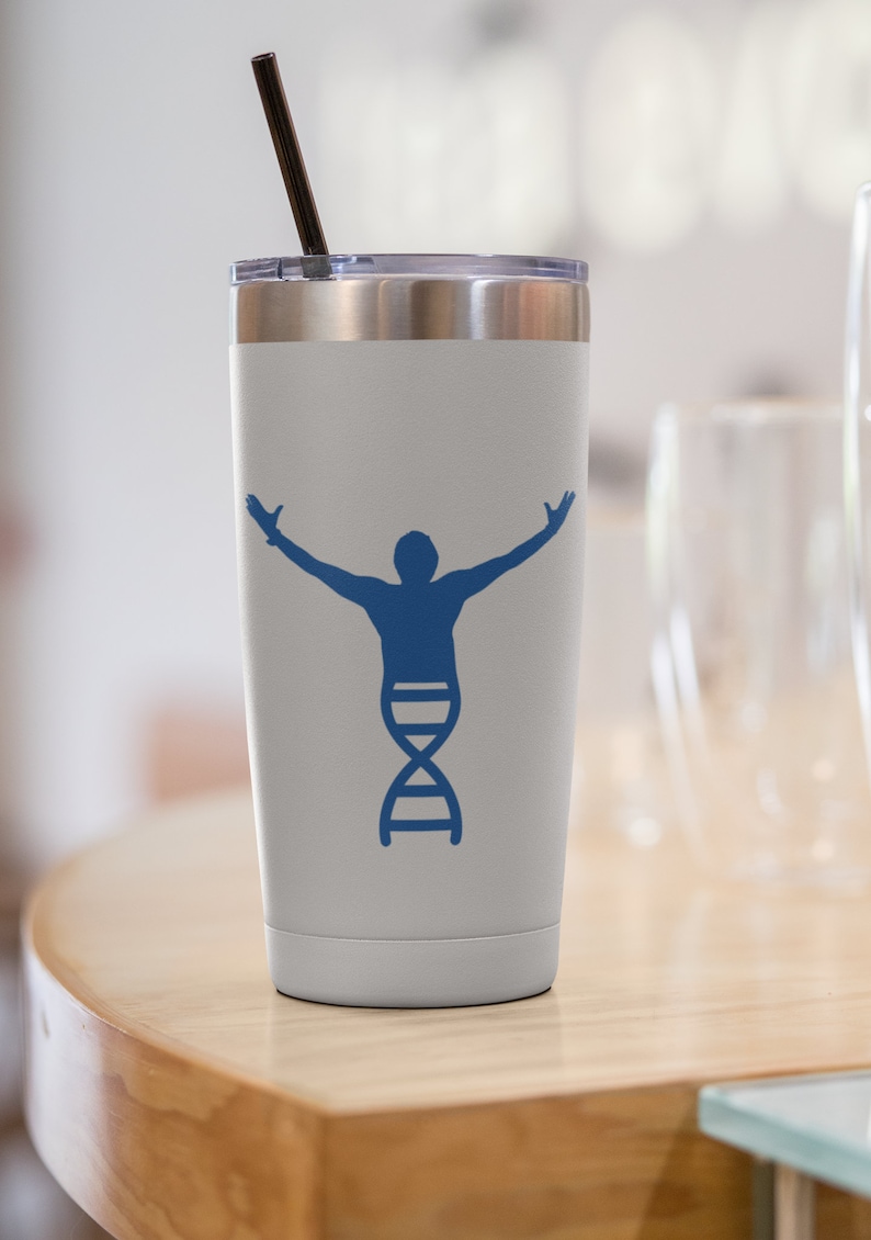 May include: A stainless steel tumbler with a white powder coat finish. The tumbler features a blue silhouette of a person with arms raised, standing on top of a blue DNA double helix. The tumbler has a black straw.