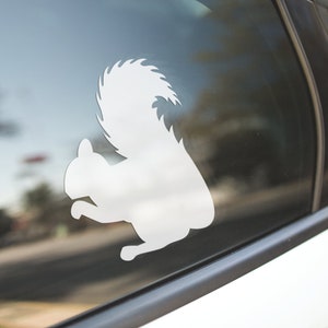 May include: White silhouette of a squirrel on a car window.
