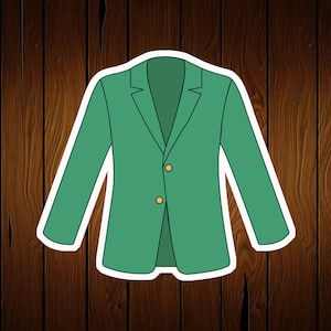 May include: A green blazer with two gold buttons. The blazer has a lapel collar and long sleeves.