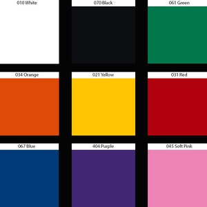 Puede incluir: Una carta de colores con nueve cuadrados que muestran diferentes colores, incluyendo blanco, negro, verde, naranja, amarillo, rojo, azul, morado y rosa. Cada cuadrado tiene un c&oacute;digo de color y el nombre del color.