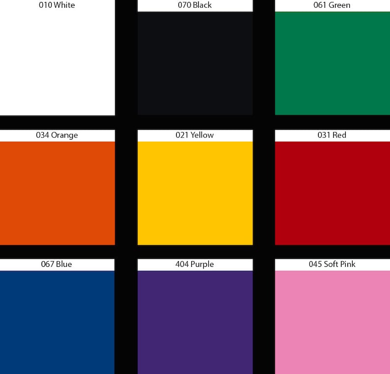 Puede incluir: Una carta de colores con nueve cuadrados que muestran diferentes colores, incluyendo blanco, negro, verde, naranja, amarillo, rojo, azul, morado y rosa. Cada cuadrado tiene un c&oacute;digo de color y el nombre del color.