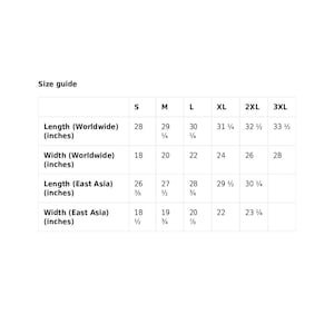 May include: A white size guide chart with black text. The chart lists measurements for clothing in inches, including length and width for worldwide and East Asia sizes. Sizes range from S to 3XL.