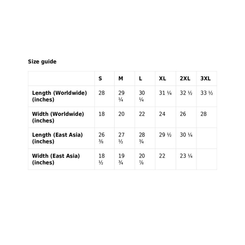 May include: A white size guide chart with black text. The chart lists measurements for clothing in inches, including length and width for worldwide and East Asia sizes. Sizes range from S to 3XL.