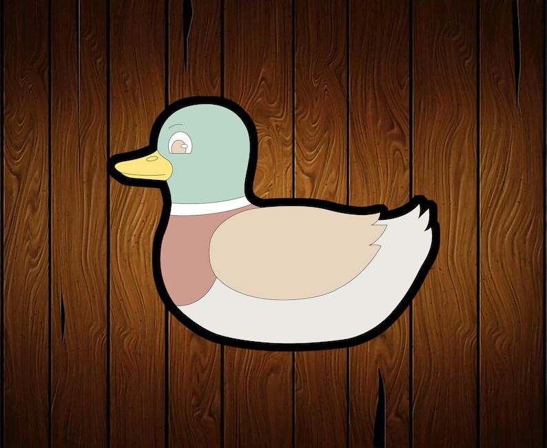 May include: A cartoon illustration of a duck with a light blue head, a pink breast, and a white body. The duck is outlined in black and is set against a brown woodgrain background.