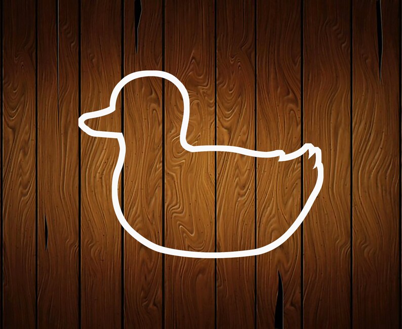 May include: White outline of a duck on a brown woodgrain background.