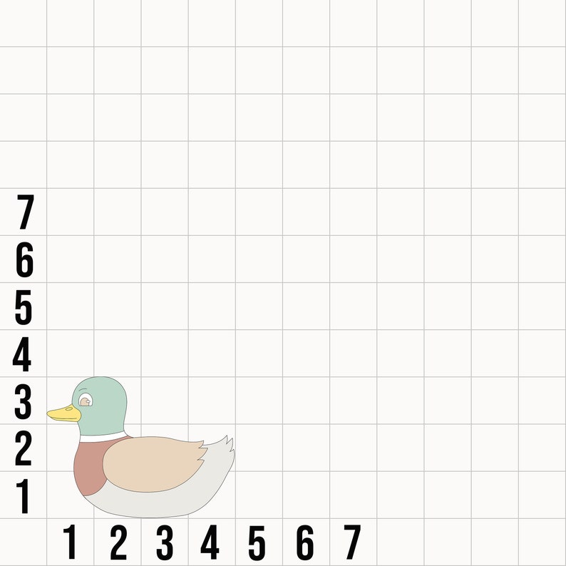 May include: A cartoon illustration of a duck with a green head, brown chest, and grey body on a white grid background.