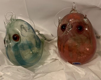 2 Vintage Blown Glass Green /& Red Owls NOS Made In Germany D00