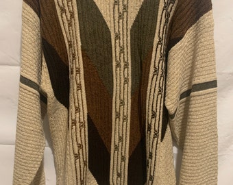 Vintage Protege Collection Mens Brown Blk & Tan Color 3D Knit Sweater Size Med