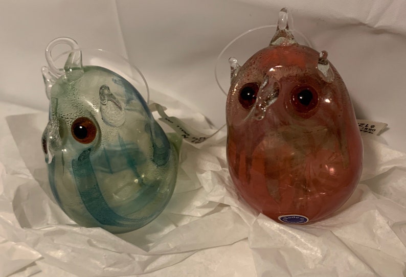2 Vintage Blown Glass Green /& Red Owls NOS Made In Germany D00