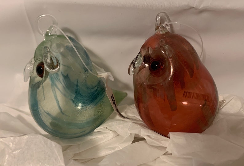 2 Vintage Blown Glass Green /& Red Owls NOS Made In Germany D00