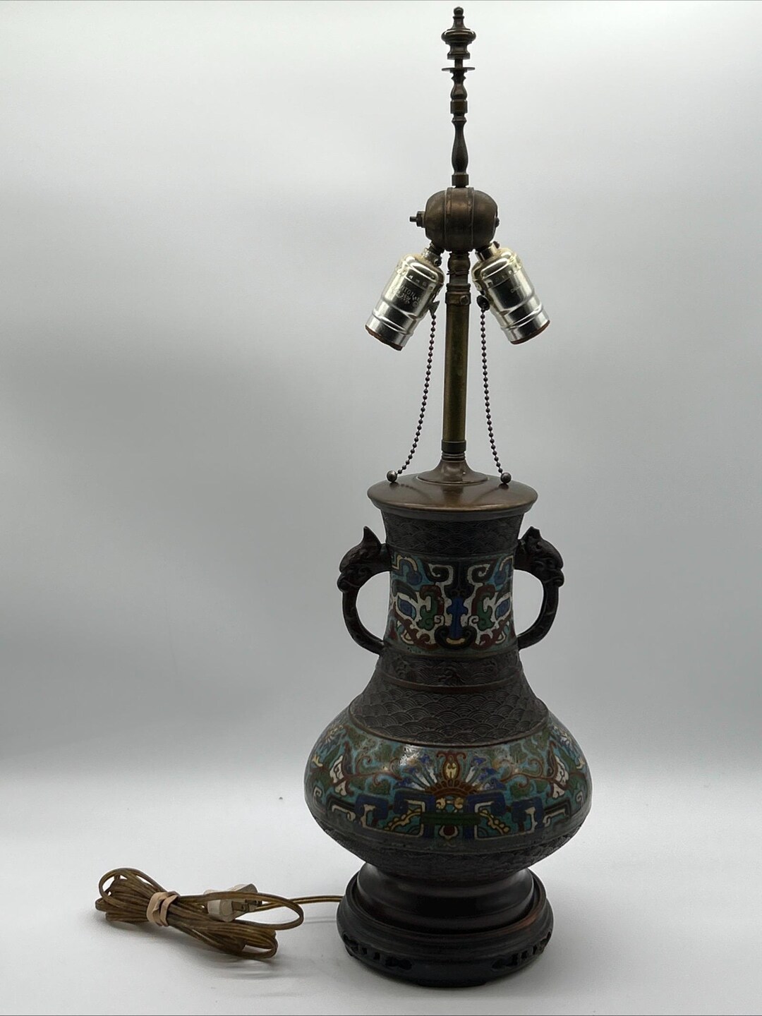 Antique Japanese Champleve Bronze Enamel Cloisonne Lamp W/beast ...
