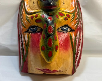 Vintage Mexican Mask Guerrero Nahu Female Bird Bat Woodcarving Wall Decor X2