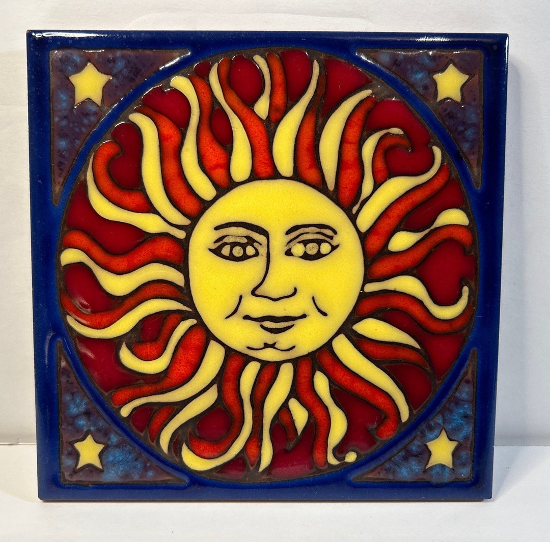 Sun Hand Painted Ceramic Tile Hot Plate Wall Decor Kitchen Etsy