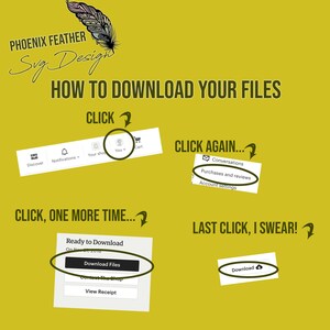 May include: A yellow background with a graphic illustration of a feather and the text "Phoenix Feather Svg Design".  The image shows a step-by-step guide on how to download digital files from Etsy.  The text "Click" appears with an arrow pointing to a button that says "You".  The text "Click Again..." appears with an arrow pointing to a button that says "Purchases and reviews".  The text "Click, one more time..." appears with an arrow pointing to a button that says "Download Files".  The text "Last Click, I swear!" appears with an arrow pointing to a button that says "Download".