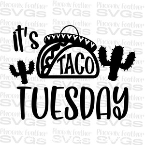 Puede incluir: Dise&ntilde;o gr&aacute;fico en blanco y negro con el texto "it's taco tuesday" y dos ilustraciones de cactus.