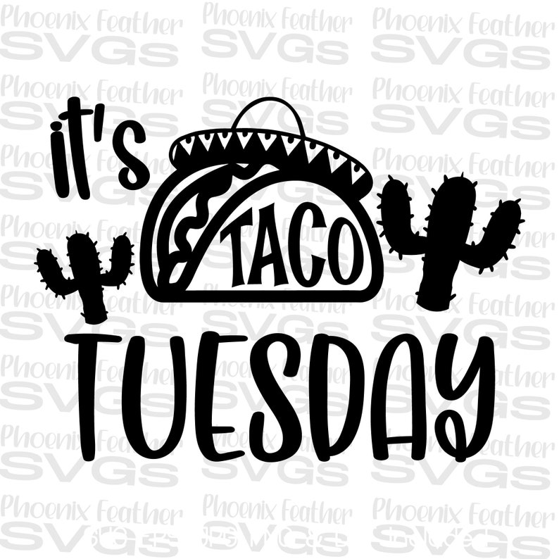 Puede incluir: Dise&ntilde;o gr&aacute;fico en blanco y negro con el texto "it's taco tuesday" y dos ilustraciones de cactus.