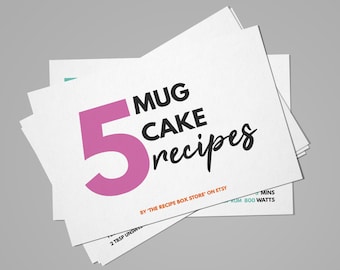 Mug Cake Recipe Set / 5 Recipes / Printable A6 Postcard Sized Recipe Cards / DIGITAL DOWNLOAD PDF