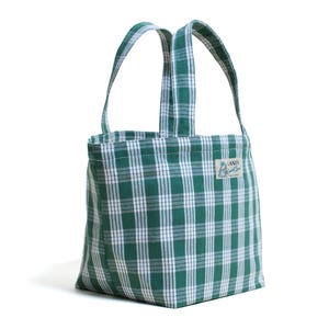 Op de afbeelding: Groene en witte geruite draagtas met twee handvatten. De tas heeft een rechthoekige vorm en een label met de tekst "LANIS". De tas is gemaakt van een stevige stof en is geschikt voor het dragen van spullen.