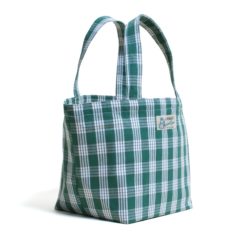 Op de afbeelding: Groene en witte geruite draagtas met twee handvatten. De tas heeft een rechthoekige vorm en een label met de tekst "LANIS". De tas is gemaakt van een stevige stof en is geschikt voor het dragen van spullen.