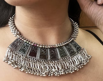Afghani Adjustable Choker-Oxidized Choker Set-Indian Ethnic Bohemian/ Banjara Jewelry-Alpaca Silver/ German Silver Festive Jewelry