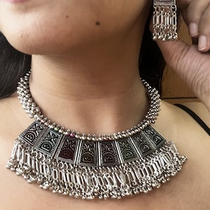 Afghani Adjustable Choker-Oxidized Choker Set-Indian Ethnic Bohemian/ Banjara Jewelry-Alpaca Silver/ German Silver Festive Jewelry