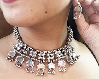 Afghani Mirror Choker Necklace Set-Bohemian ADJUSTABLE Choker-Mirror Oxidized Traditional Indian Jewelry-German Silver/Alpaca Silver Choker