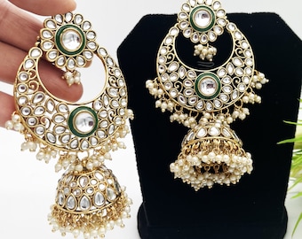 Gold Plated Kundan Maang Tikka Earrings Set- Bollywood Inspired Indian Traditional Ethnic Jhumka Jewelry- LIGHTWEIGHT PREMIUM QUALITY