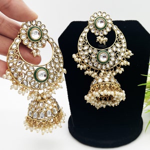 Gold Plated Kundan Maang Tikka Earrings Set- Bollywood Inspired Indian Traditional Ethnic Jhumka Jewelry- LIGHTWEIGHT PREMIUM QUALITY