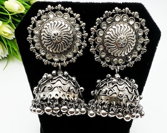 Afghani Oxidized Jhumki-Indian Ethnic Traditional LIGHTWEIGHT Jewelry-Bohemian Statement Earrings-German Silver Jhumka Earrings