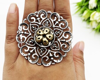 Afghani Openable Statement Ring-Oxidized Ethnic Banjara Jewelry-Bohemian Jewellery-Antique Vintage Dual Shade ADJUSTABLE Cocktail Ring