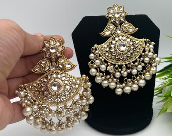 Indian Kundan White Chandbala Earrings-Long Statement Earrings with Maang Tikka-Indian Wedding Bridesmaid Ethnic Traditional Jewelry