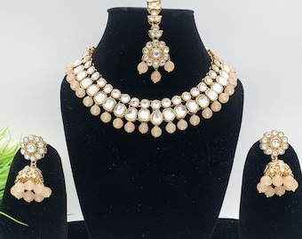 Peach Uncut Kundan Necklace Set-Indian Traditional Wedding Jewelry-Indian Festive Jewelry-Bollywood Inspired Bridesmaid Statement Jewelry