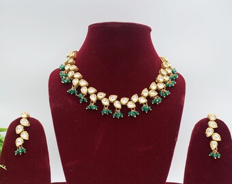 Premium Kundan Necklace with Earrings-Indian/Pakistani Traditional Wedding Jewelry-Bridesmaid Minimal Statement Jewellery-GREEN