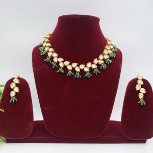 Premium Kundan Necklace with Earrings-Indian/Pakistani Traditional Wedding Jewelry-Bridesmaid Minimal Statement Jewellery-GREEN