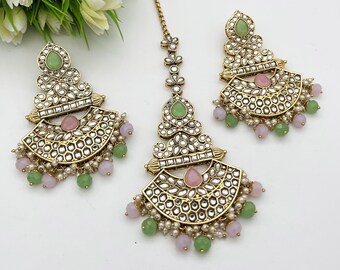 Pink/Green Long Kundan Earrings-Indian EThnic Traditional Jewellery-Wedding Jewellery