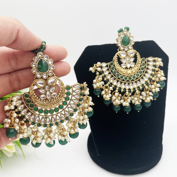 Kundan Chandbala Earrings with Maang Tikka-Indian Pakistani Ethnic Traditional Wedding Jewelry-Green Meenakari Statement Earrings