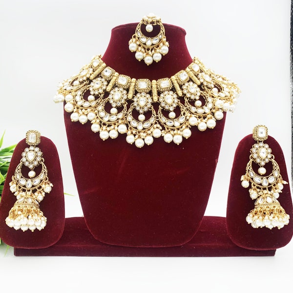 Kundan Collar Set con Pendientes y Maang Tikka-Indian Wedding Bridal Jewellery-Traditional White Kundan Necklace Set-Bridal Jewelry Set