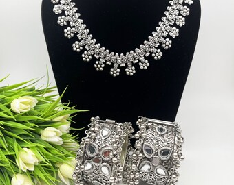 Oxidized Silver Necklace, Openable Kade/Bangles/Bracelets- Mirror Jewellery- LIGHTWEIGHT Jewellery- Indian Ethnic Festive Jewellery