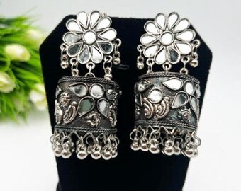 Indian Traditional Mirror Jhumki Earrings-Oxidized Mirror Jewellery-Indian Wedding Jewellery-Festive Jewellery-LIGHTWEIGHT Asian Jewellery