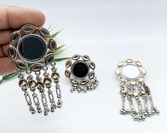 Oxidized Mirror Earrings, Ring Set- Long Indian Traditional Jewellery- Afghani Bohemian Jewellery