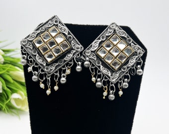 Afghani Kundan Square Earrings- Oxidized Silver Gold Earrings- German Silver Festive bollywood Jewellery