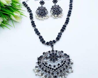 Antique Oxidized Long Pendant Set- PREMIUM QUALITY Indian Ethnic Classic Jewelry- Festive Traditional Jewellery