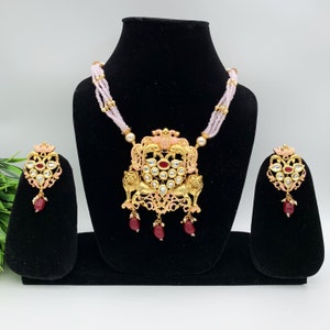 Kundan Antique Gold Long Pendant Set-Indian Traditional Wedding Jewelry-PREMIUM Indian Bridal Jewelry-White/Emerald/Ruby Pearl Pendant Sets