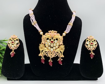 Kundan Antique Gold Long Pendant Set-Indian Traditional Wedding Jewelry-PREMIUM Indian Bridal Jewelry-White/Emerald/Ruby Pearl Pendant Sets