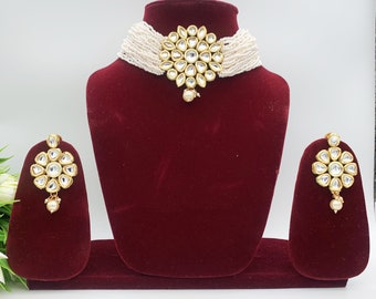 White Kundan Choker Set with Fine Pearls Strands-Indian Festive Traditional Modern Bridesmaid Jewelry